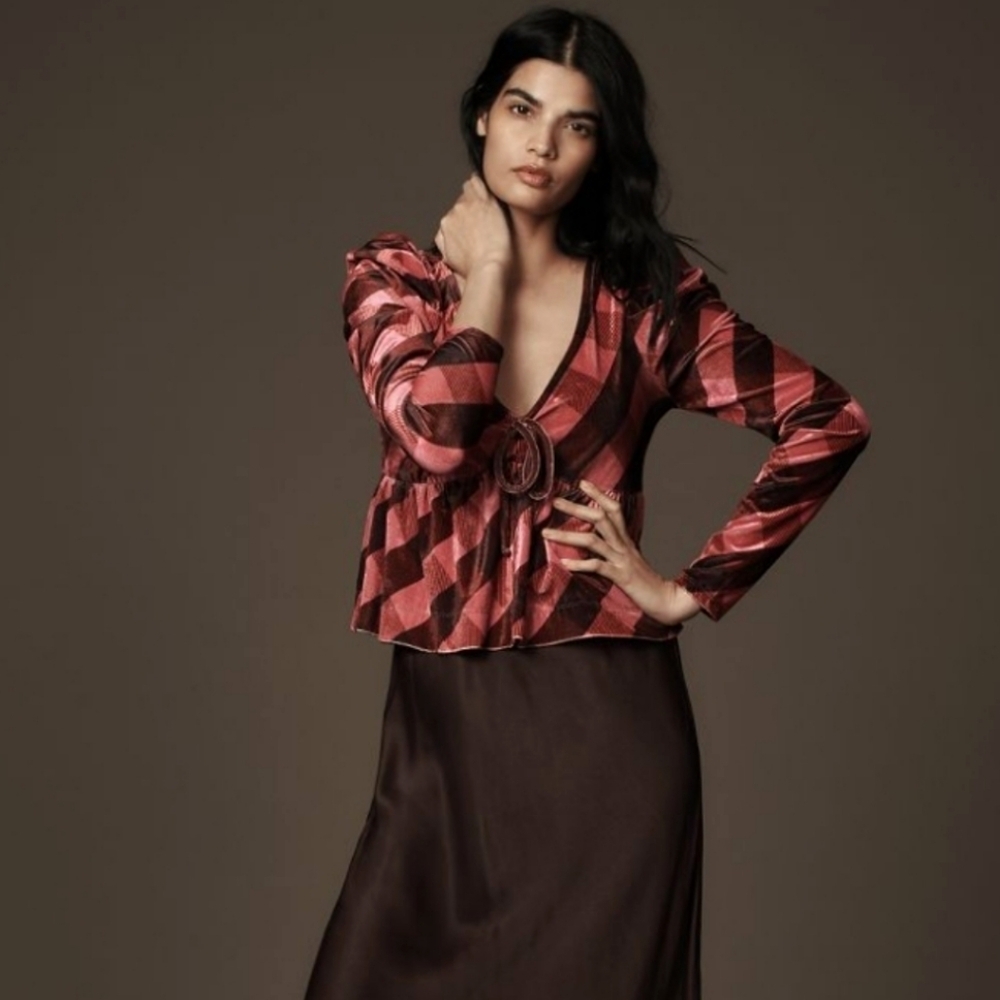NWT Anthropologie Maeve Velvet Babydoll Plaid Top Size Medium